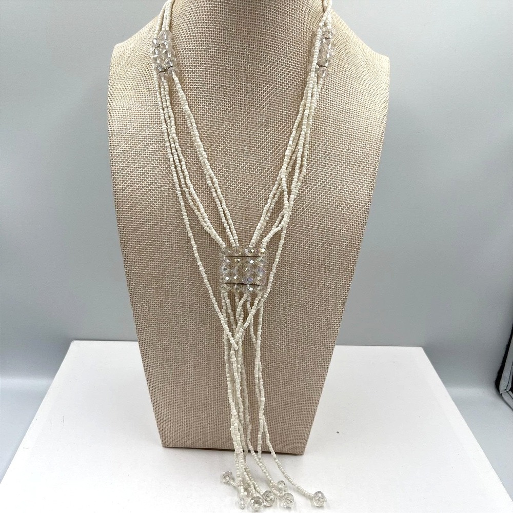 Vintage White Seed Bead Multi Strand Lariat Necklace Crystal Accents Bridal Boho
